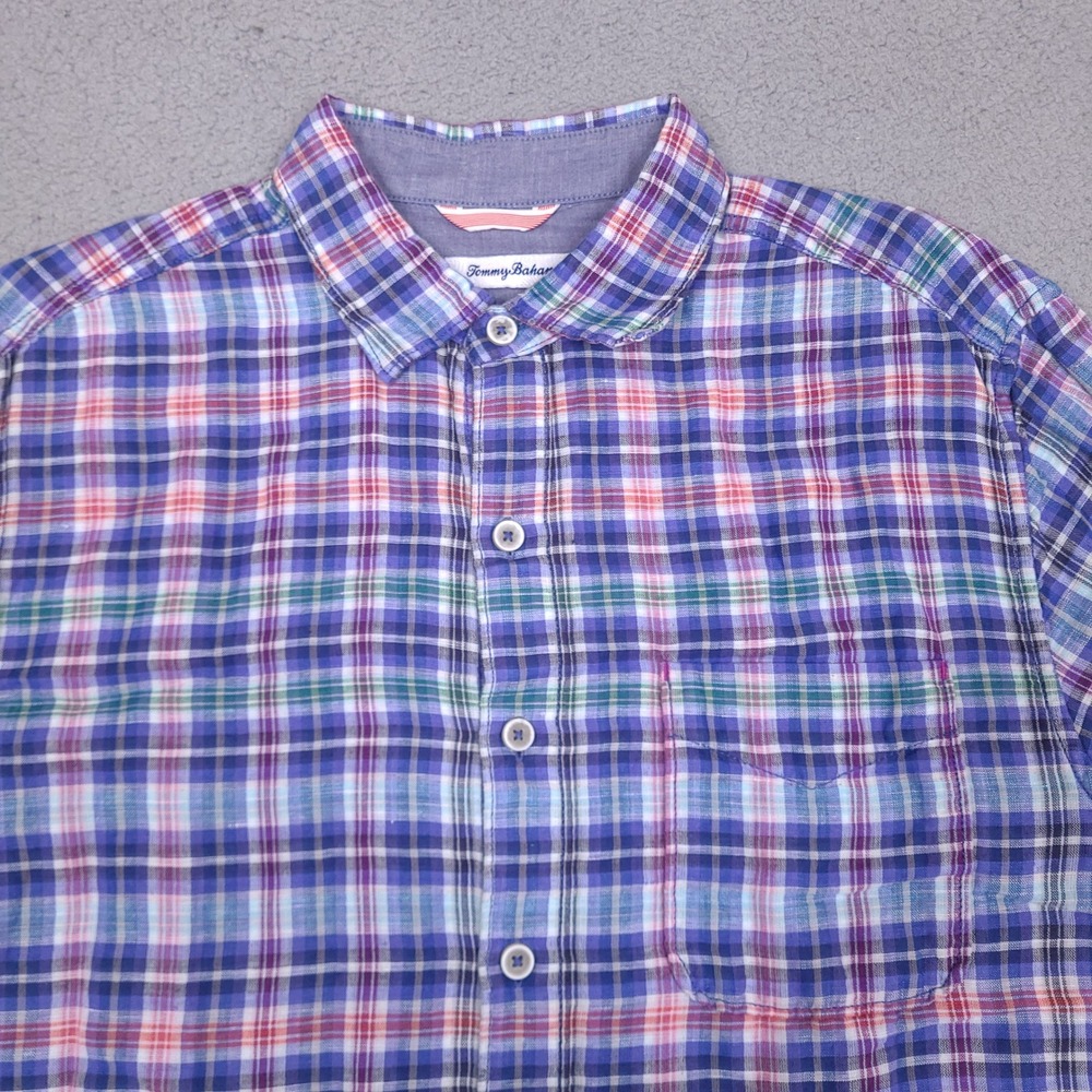Tommy Bahama Shirt Mens Medium Blue Plaid Linen Cotton Blend Short Sleeve‎